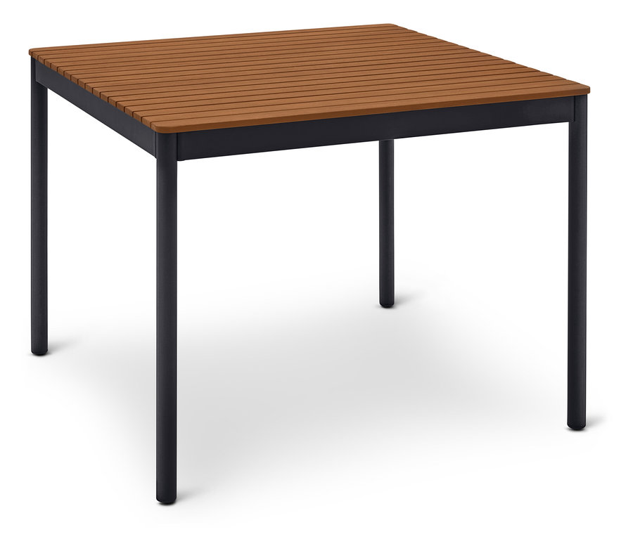 Kwadratowy stół z brązowym drewnianym blatem i czarną metalową ramą.