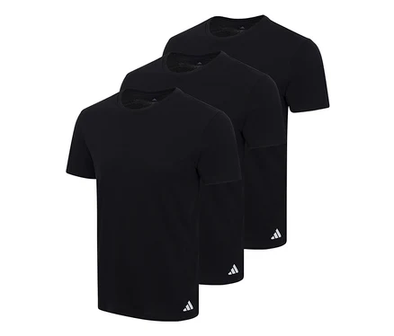 Trzy czarne koszulki adidas Active Core z krótkim rękawem i okrągłym dekoltem, ułożone ukośnie, każda z małym białym logo adidas na lewym dolnym brzegu.