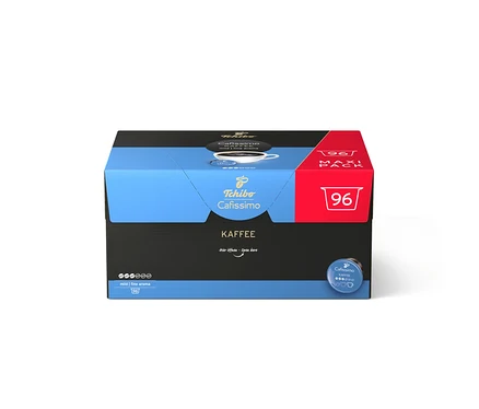Czarno-niebieskie opakowanie kawy w kapsułkach Tchibo Cafissimo Fine Aroma, 96 sztuk, z pojedynczą niebieską kapsułką z boku.