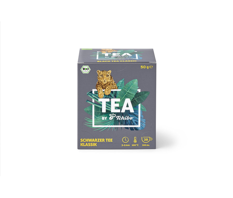 Opakowanie BIO TEA by Tchibo Klasyczna 8x20x2,5 g. Na opakowaniu znajduje się obraz leoparda.
