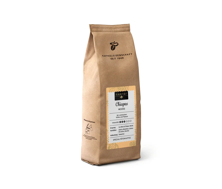 Brązowa papierowa torebka kawy Rarität Chiapas Meksyk 500 g ziarnistej, z napisem 'Kaffeeleidenschaft'.