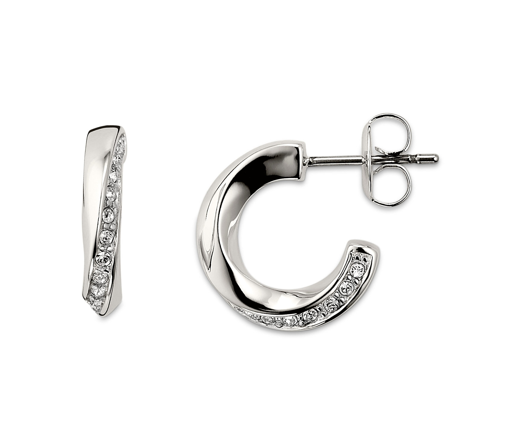 Dwa srebrne kolczyki kreole z kryształami marki Swarovski® leżą na białym tle.