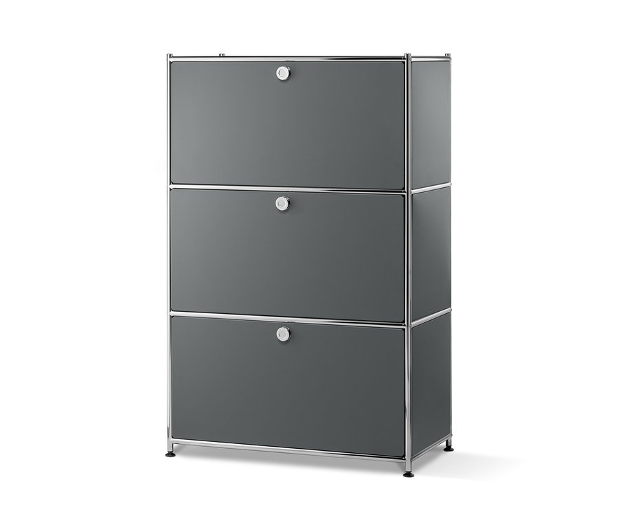 Szara metalowa szafka z 3 klapami.