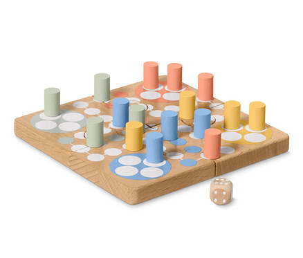 Drewniane Puzzle Ludo z kolorowymi kołkami i kostką do gry.