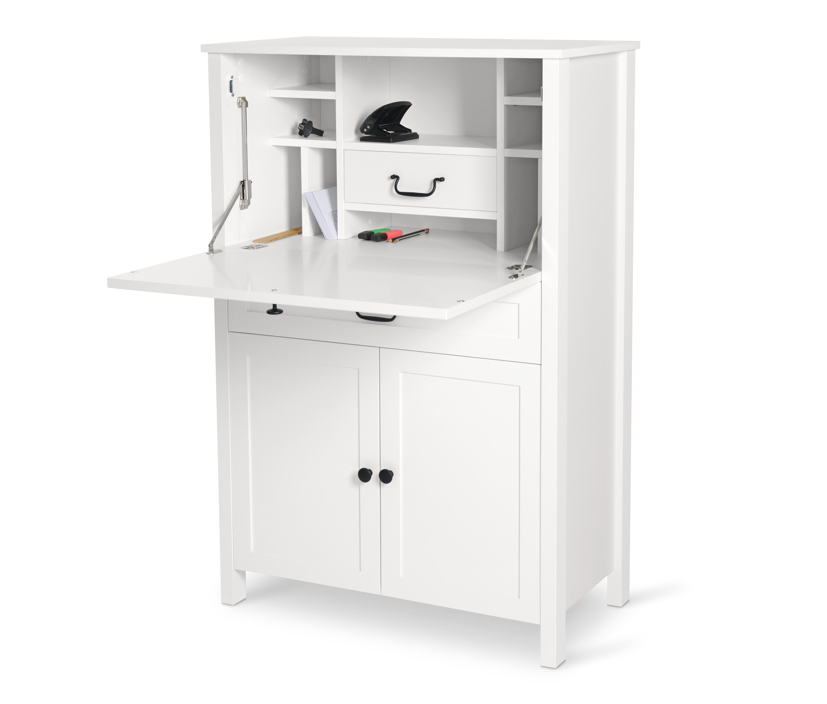 Biała szafa biurowa »Clara« z otwartą górną częścią i biurkiem.