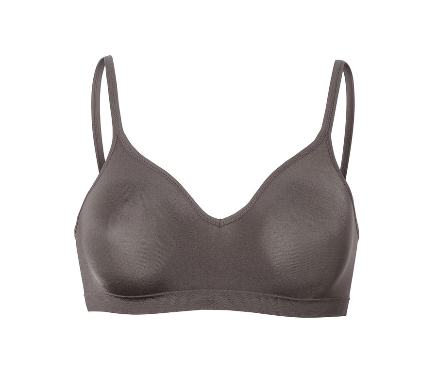 Szary miękki biustonosz bezszwowy na białym tle.