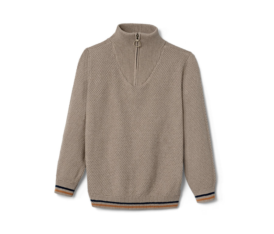 Beżowy golf ze zdobnymi paskami na dole i przy szyi.