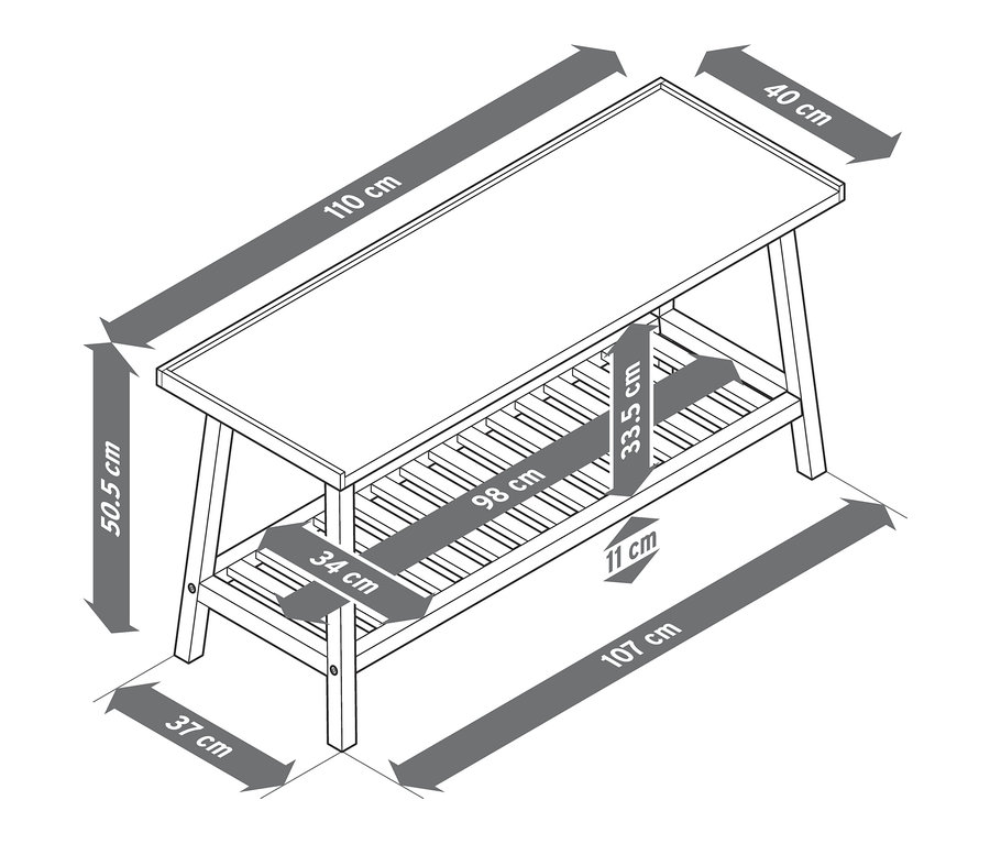 Ilustracja ławki z półką i wymiarami.