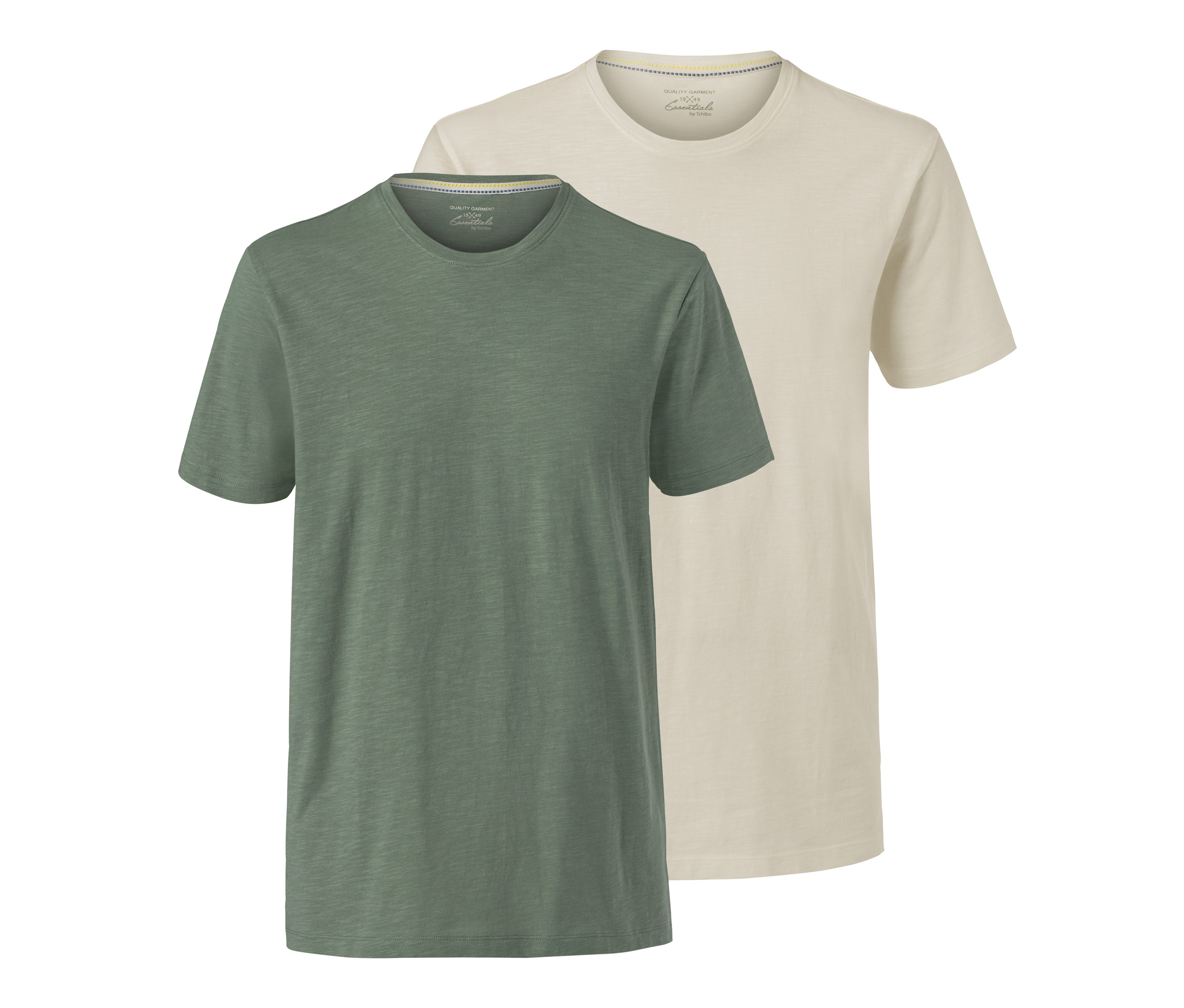 Dwie koszulki z okrągłym dekoltem w kolorze zielonym i beżowym.