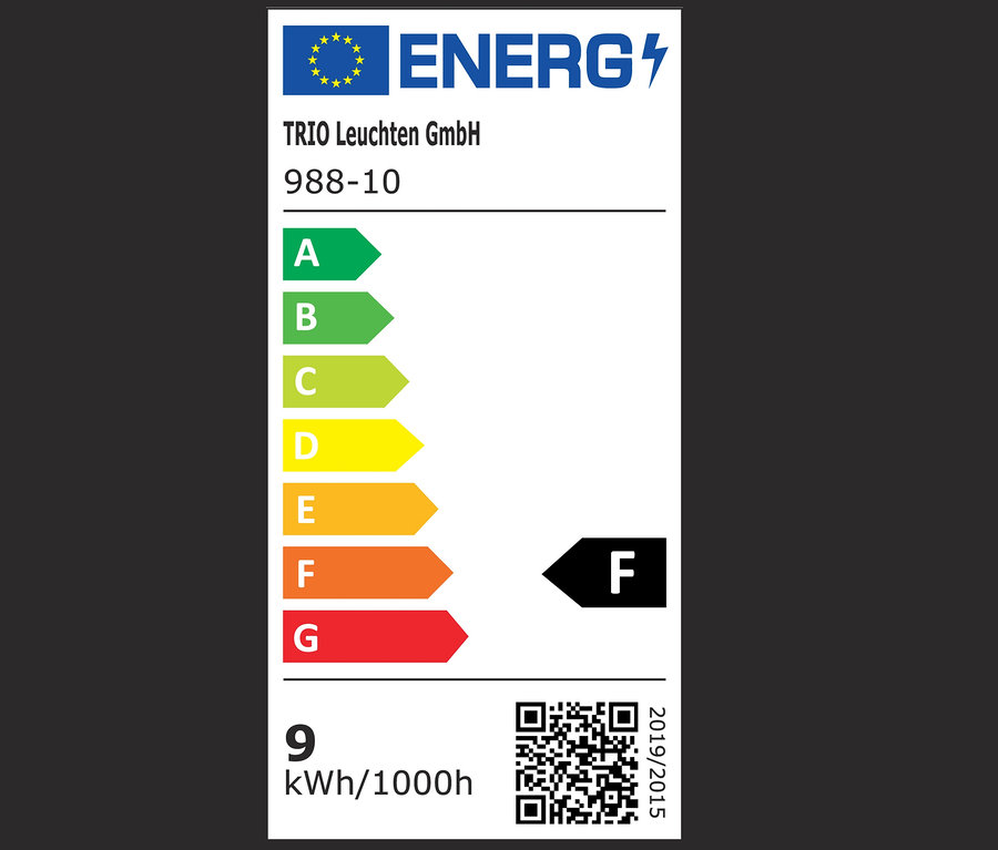 Etykieta energetyczna urządzenia klasy F, o zużyciu 9 kWh/1000h i kodem QR.