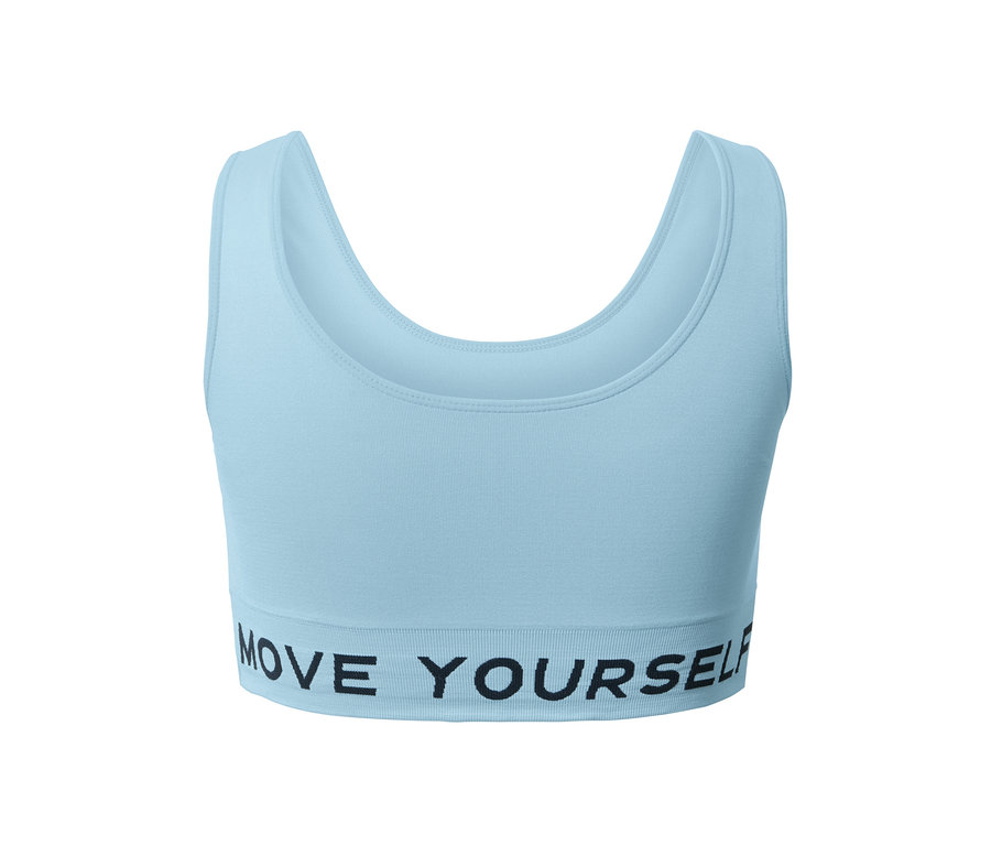 Jasnoniebieski, bezszwowy biustonosz sportowy z napisem MOVE YOURSELF.