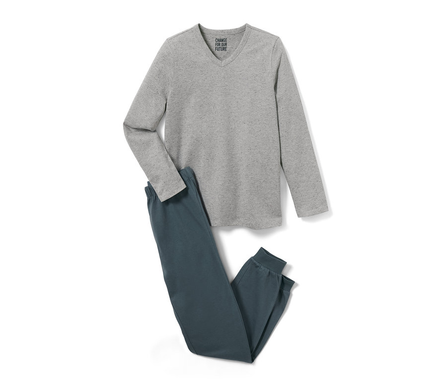 Piżamy, 2 zestawy, szara koszulka z długim rękawem i niebieskie spodnie.