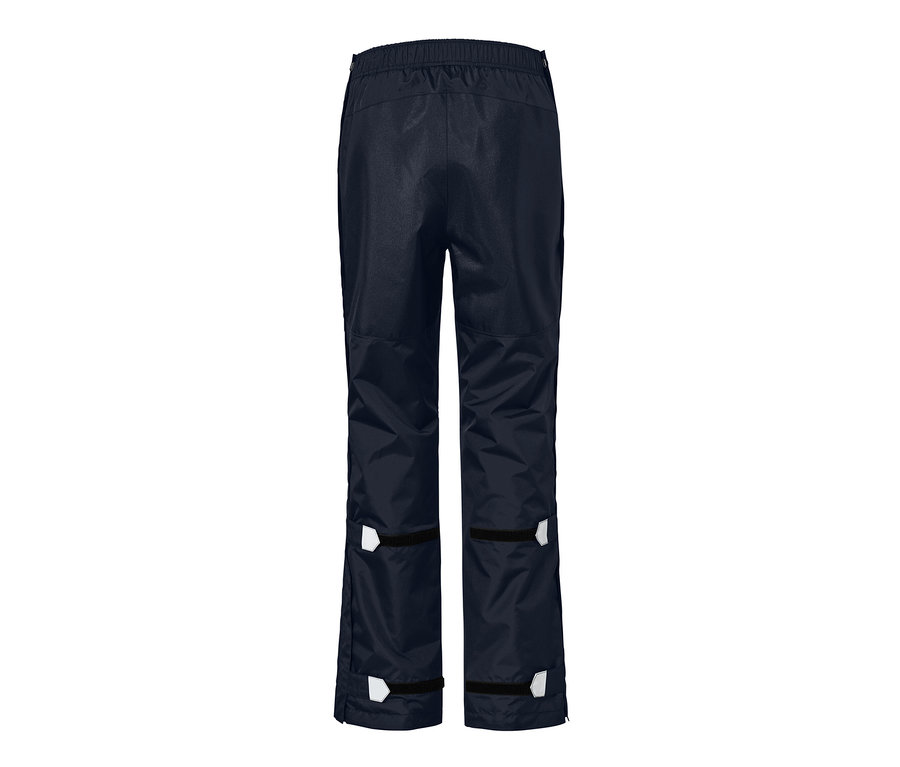 Granatowe techniczne spodnie przeciwdeszczowe, uniseks, widok z tyłu.