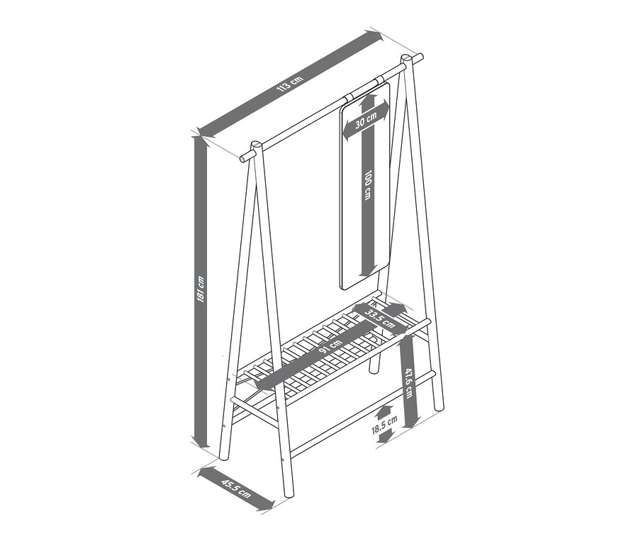 Schematyczny rysunek wieszaka na ubrania z wymiarami.