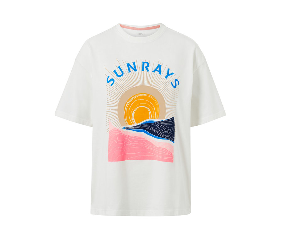 Biała koszulka z nadrukiem słońca, morza i napisem "sunrays".