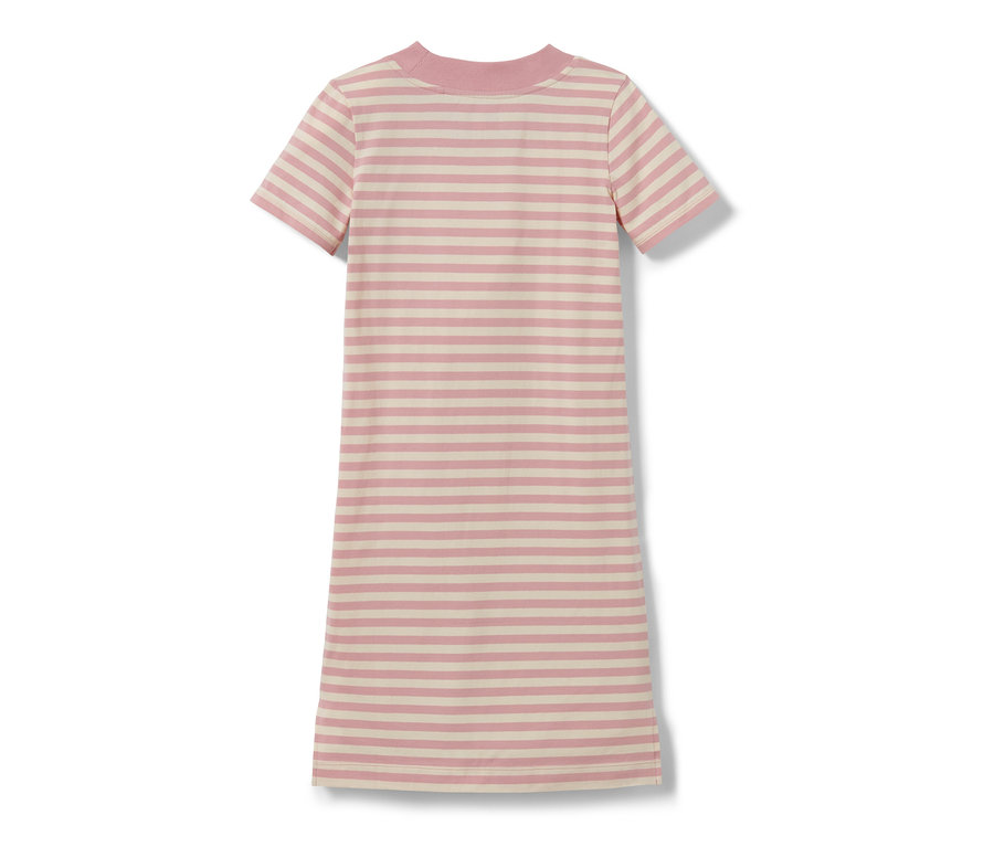 Dziecięca sukienka z dżerseju w poziome paski w kolorze różowym i kremowym.