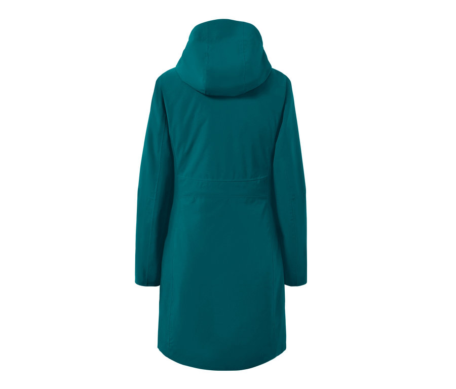 Widok z tyłu ciemnoturkusowego płaszcza outdoorowego z kamizelką 3 w 1.