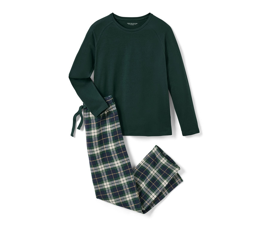 Piżama flanelowa dziecięca: zielona góra i spodnie w kratę.