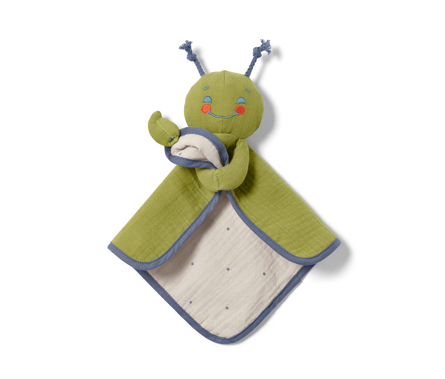 Zielona Przytulanka niemowlęca z niebieskimi detalami.