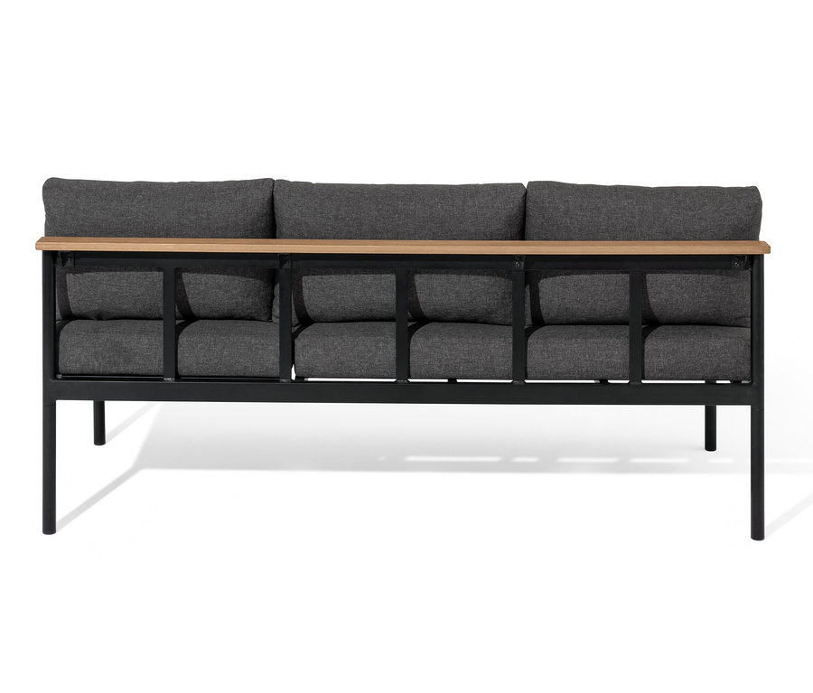 Widok z przodu ławy do jadalni i leżanki 2 w 1 „Elin” z sześcioma szarymi poduszkami siedziskowymi i oparciowymi oraz jasną drewnianą ramą.