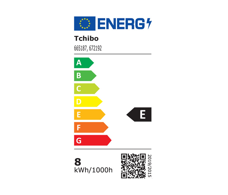 Etykieta energetyczna z klasami efektywności energetycznej od A do G, przy czym produkt należy do klasy E.
