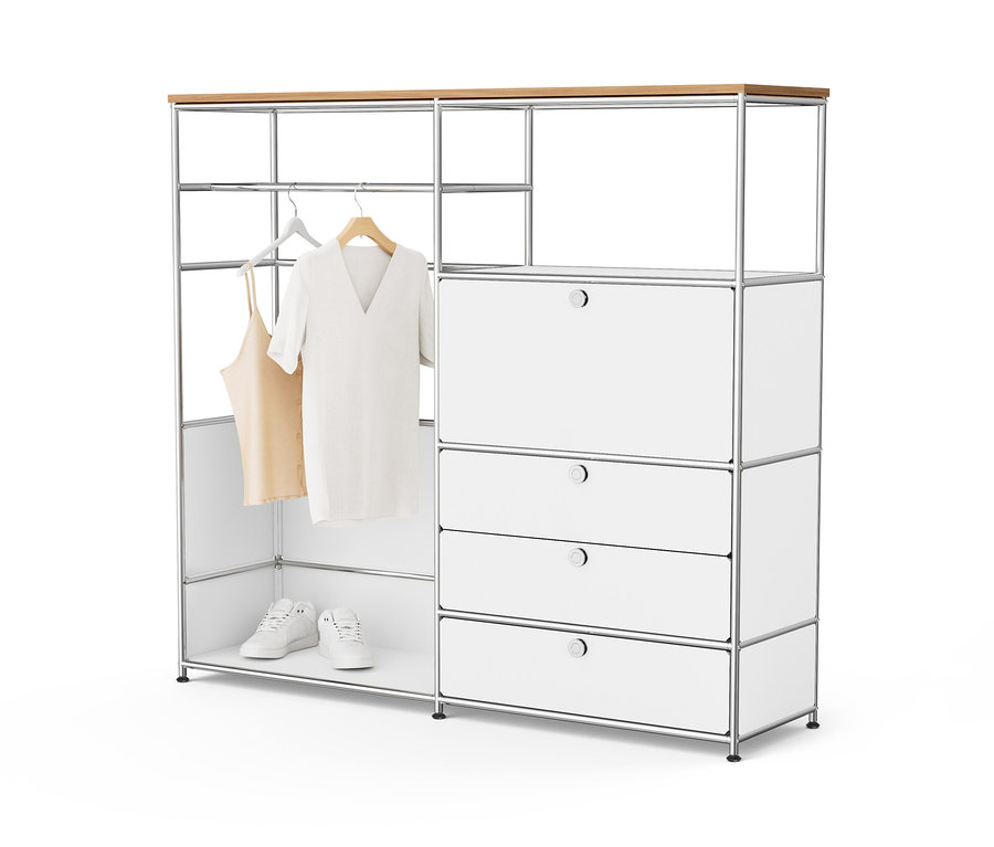 Biała metalowa komoda „CN3” z drewnianym blatem, drążkiem na ubrania, klapą i 3 szufladami.