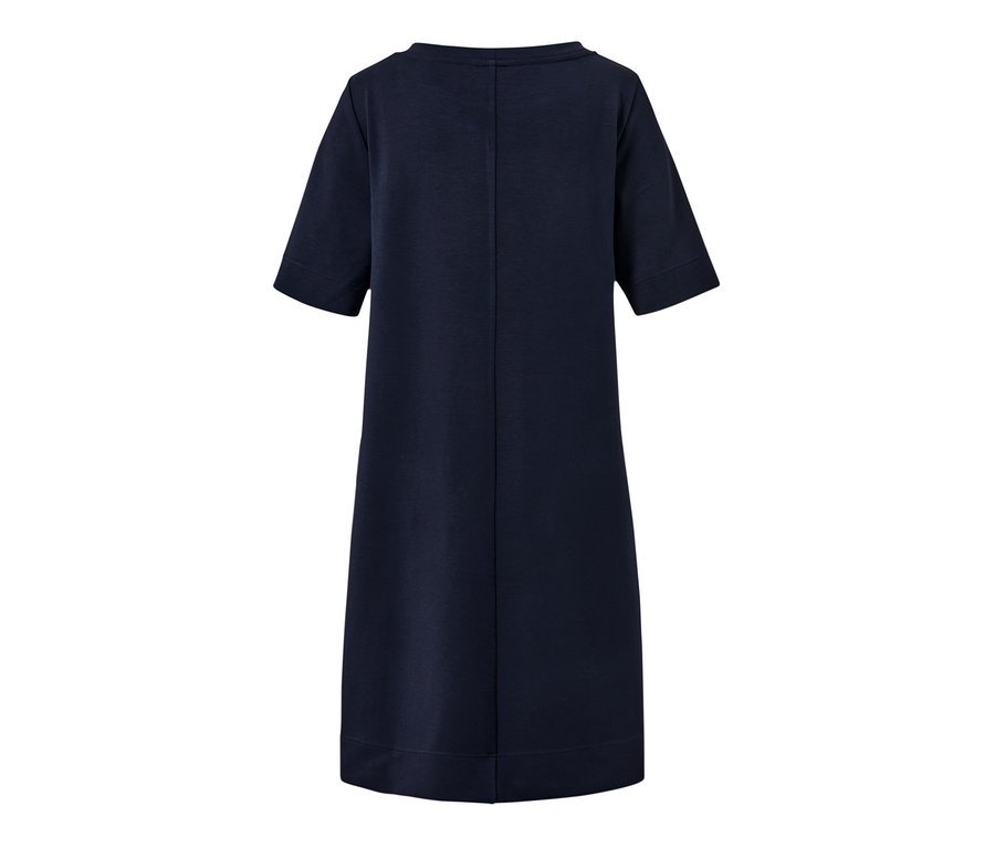 Granatowa sukienka dresowa z lampasami.