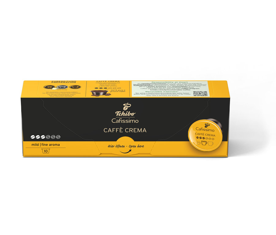 Opakowanie kapsułek do kawy Cafissimo Caffè Crema mild z dziesięcioma kapsułkami.