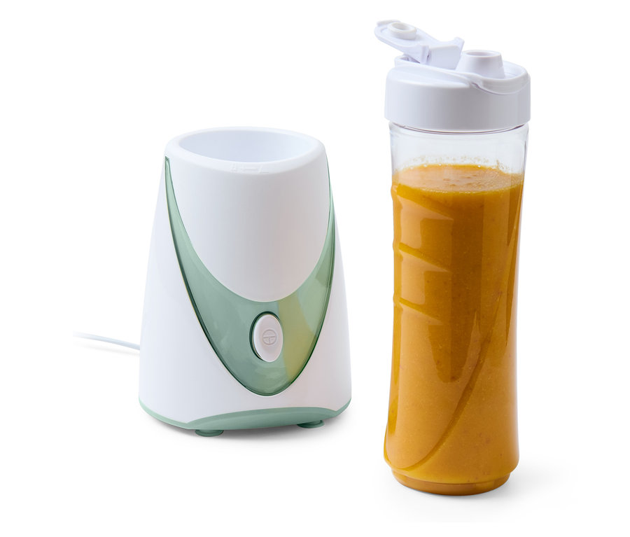 Blender do smoothie, 250 W, z pojemnikiem wypełnionym pomarańczowym smoothie.