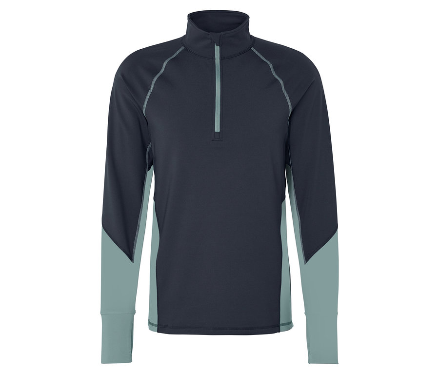 Granatowa koszulka z długim rękawem z jasnoniebieskimi wstawkami i zamkiem błyskawicznym.