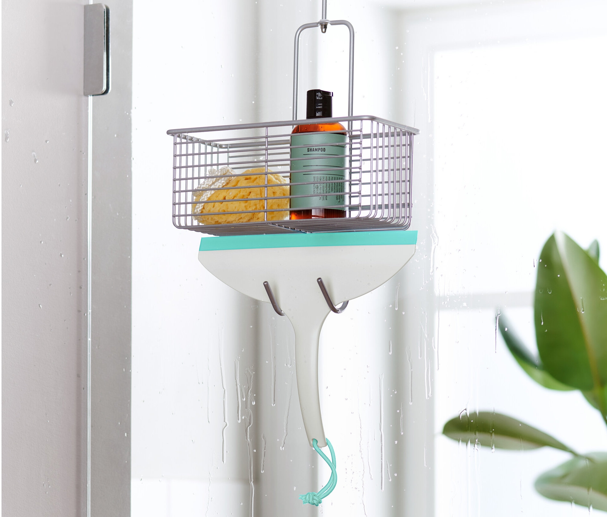 Wiszący organizer na drzwi prysznicowe z szamponem, gąbką i ściągaczką do szyb.