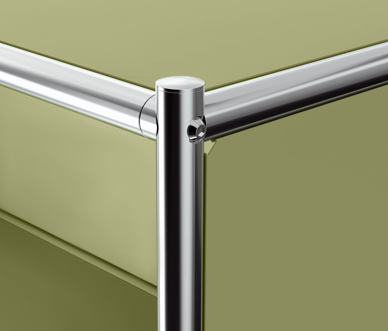 Fragment rogu metalowego regału z oliwkowymi szufladami.