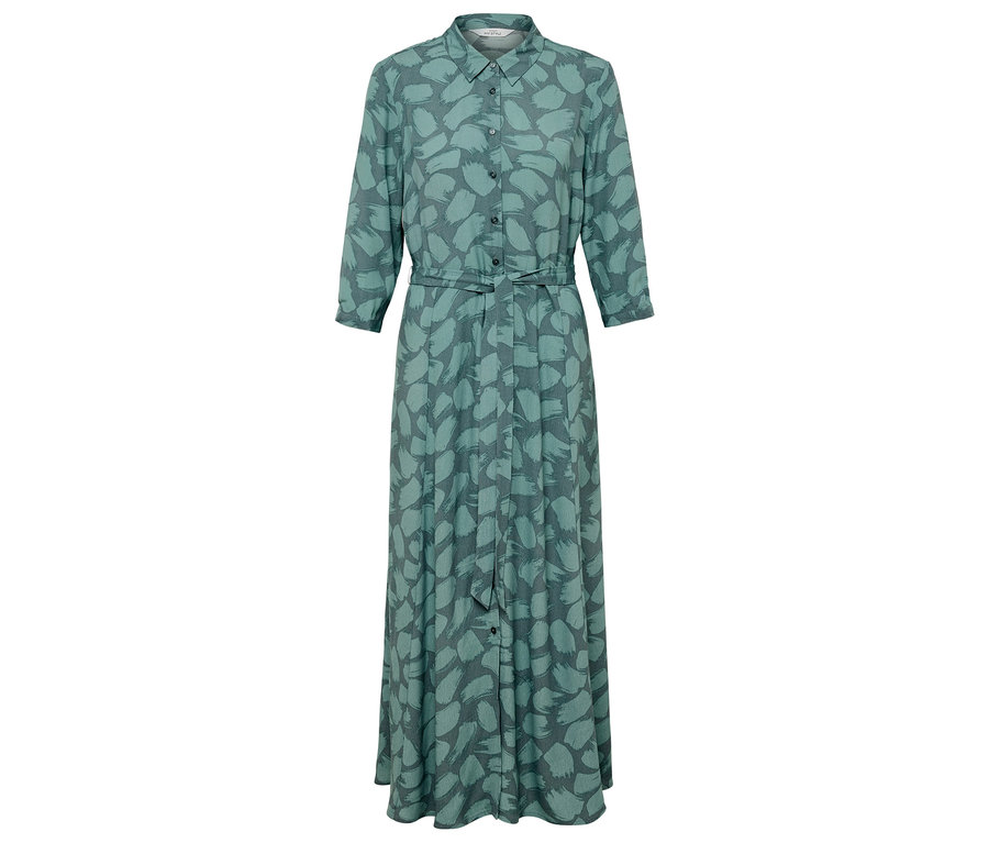 Zielona sukienka maxi z rękawami trzy czwarte i nadrukiem.