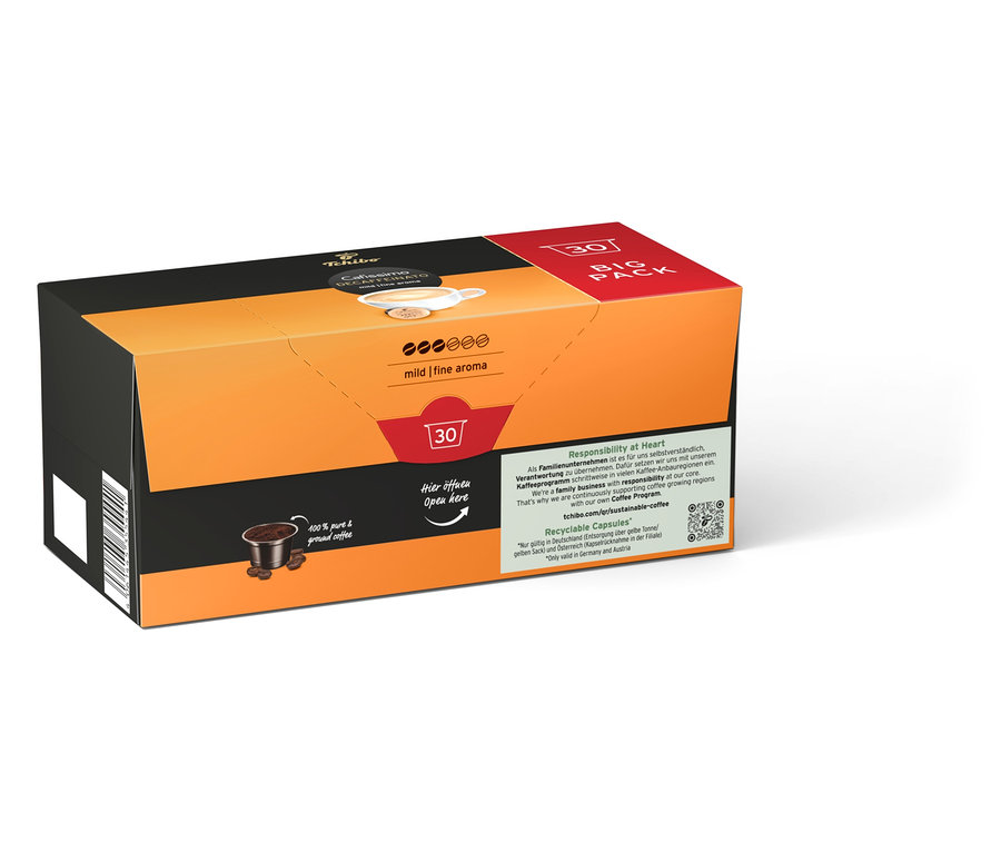 Opakowanie kapsułek do kawy w kolorze pomarańczowo-czarnym.