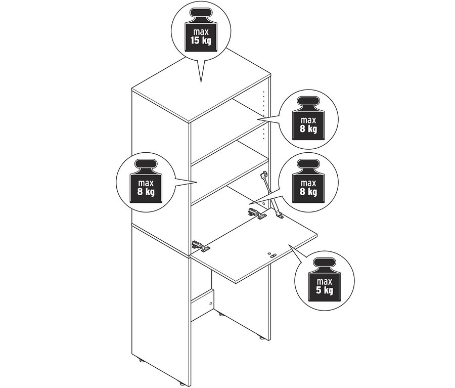 Rysunek szafki na pralkę z rozkładanym blatem i oznaczeniem maksymalnej nośności półek i blatu.