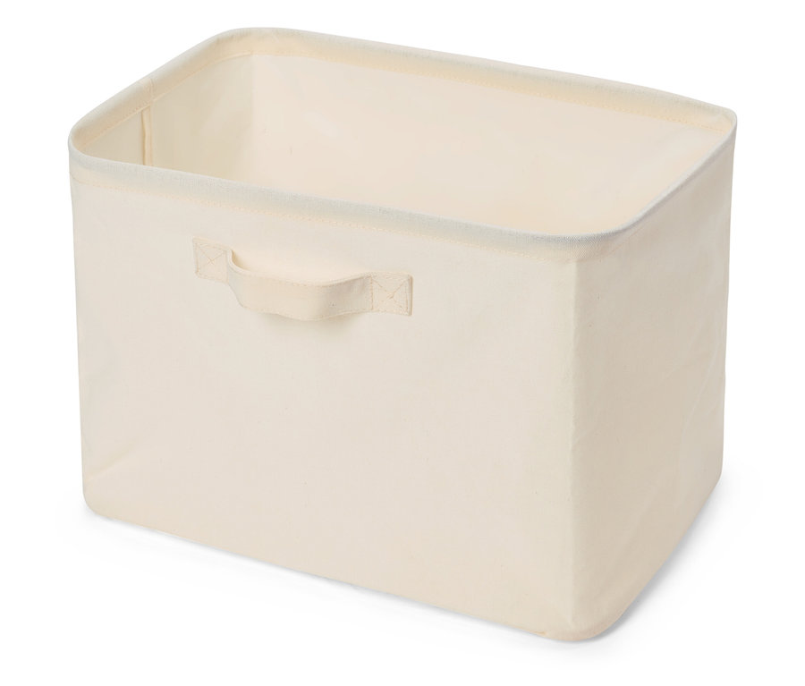 Beżowy materiałowy pojemnik do przechowywania z uchwytem.