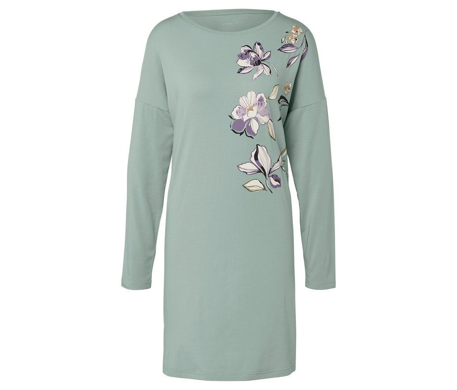 Jasnozielona sukienka z długim rękawem i kwiatowym wzorem.