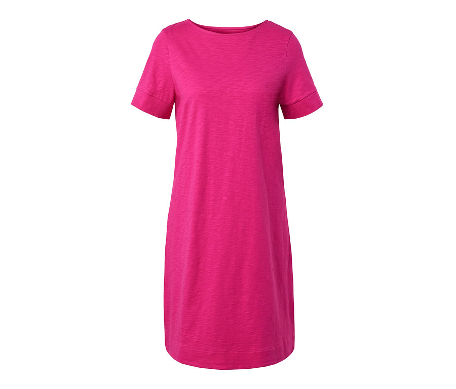 Różowa sukienka dżersejowa z krótkim rękawem.