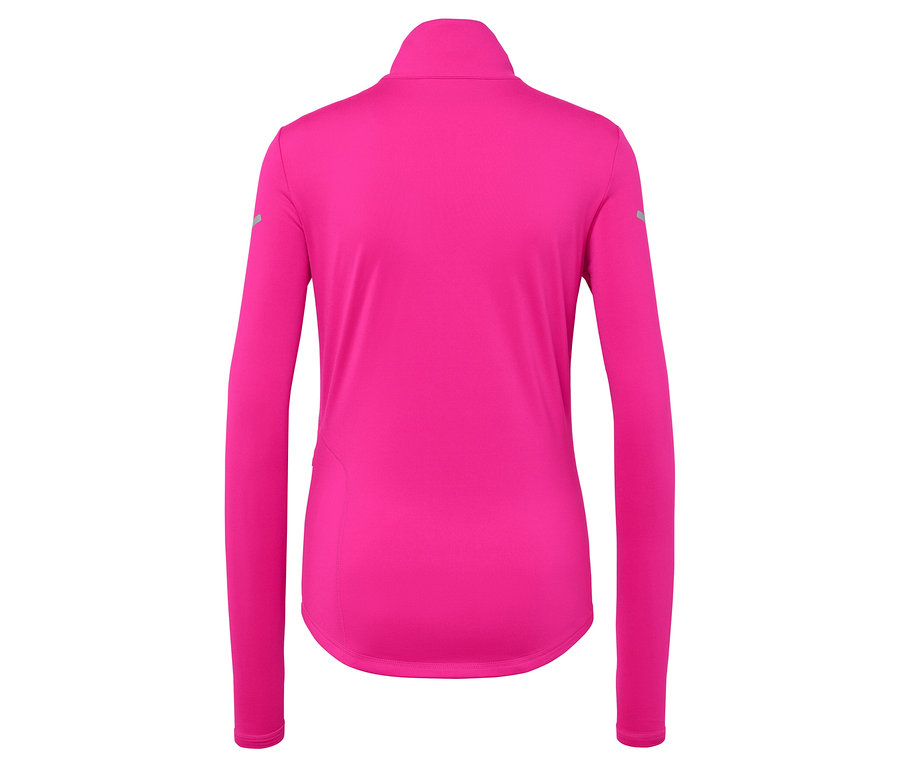Widok z tyłu różowej koszulki sportowej z długim rękawem i zamkiem błyskawicznym.