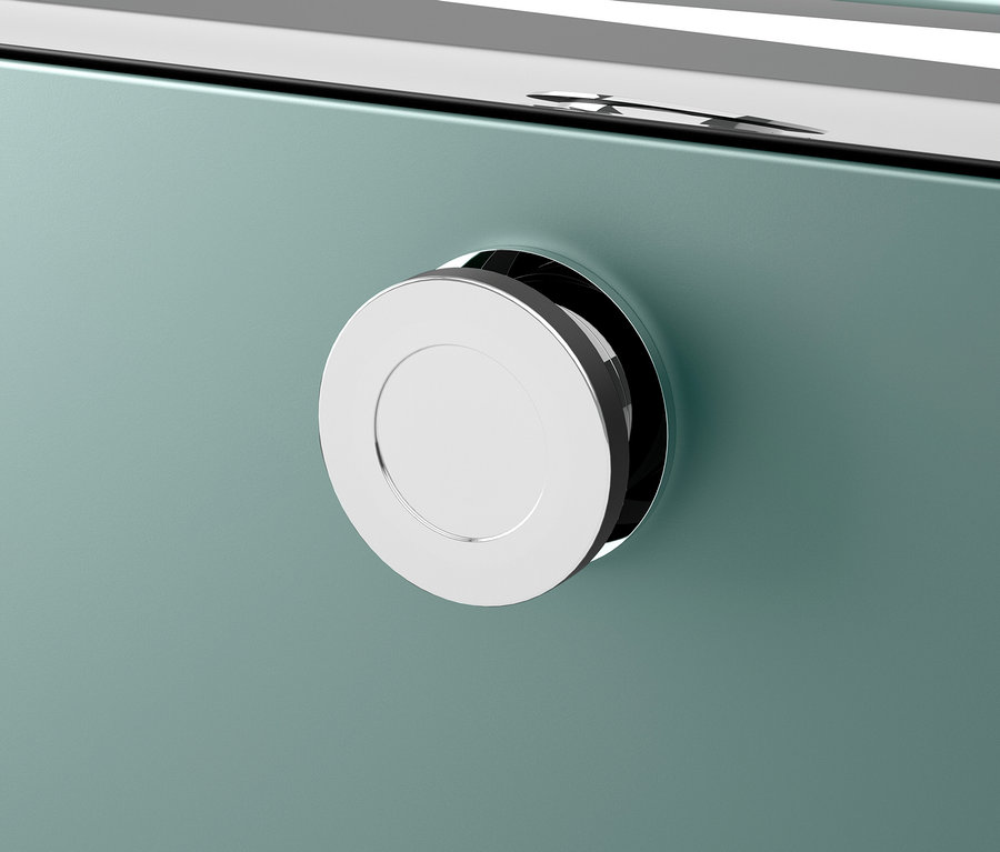 Detal jasnoniebieskiego mebla z okrągłym, srebrnym uchwytem.