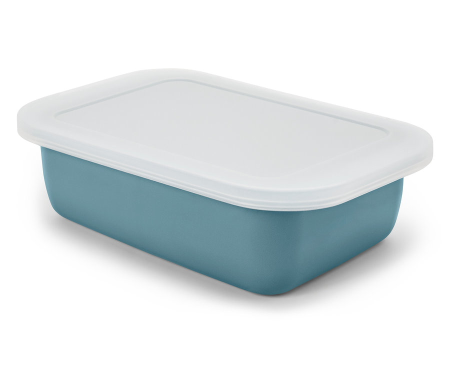 Niebieski, prostokątny pojemnik z białą pokrywką.