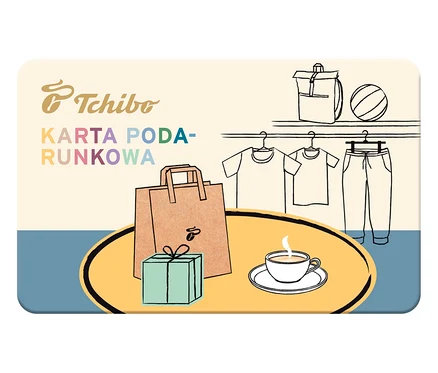 Torba na zakupy, prezent i filiżanka kawy na karcie podarunkowej Tchibo.