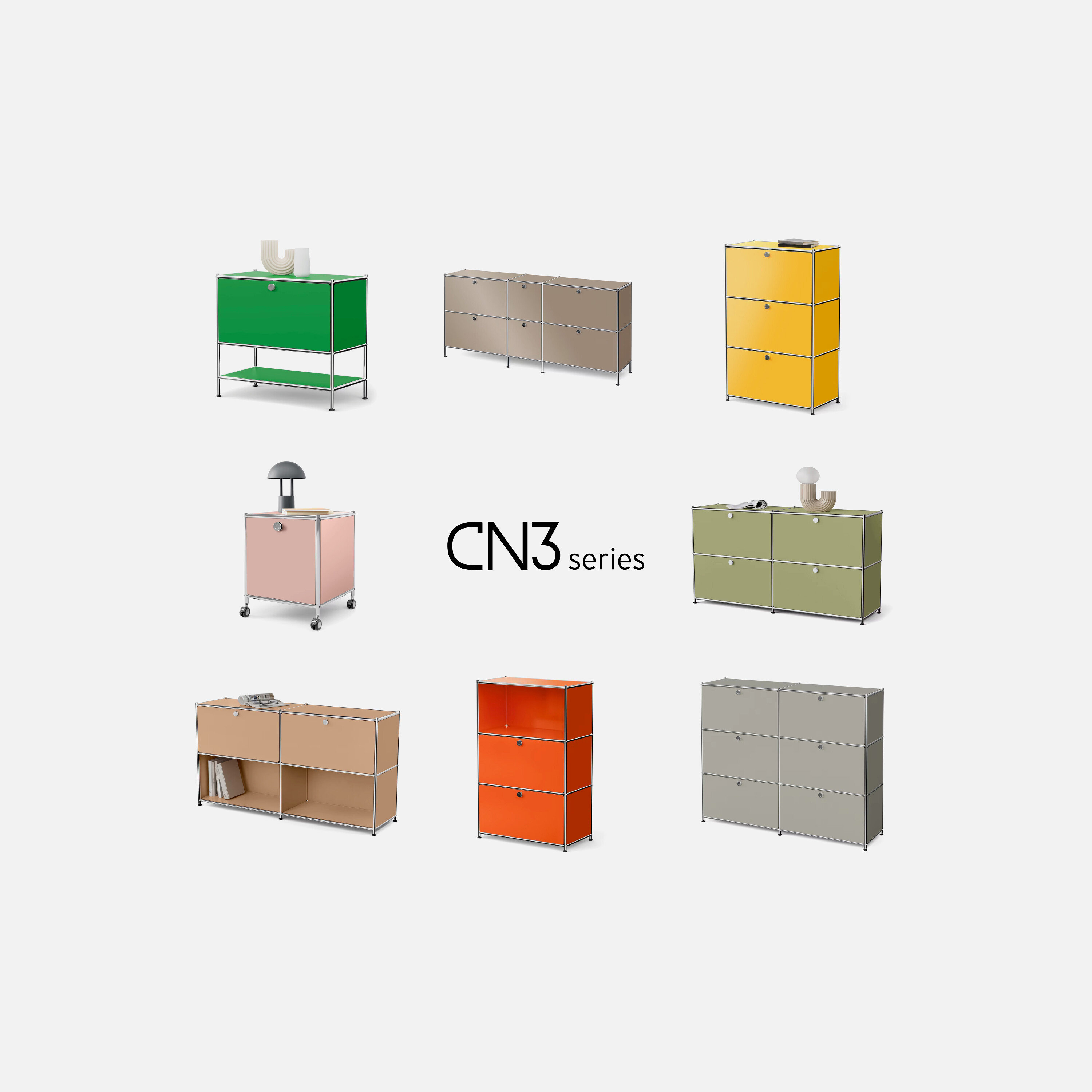 Dziewięć modułowych systemów meblowych USM w kolorach zielonym, beżowym, żółtym, różowym, jasnozielonym, pomarańczowym i szarym ułożonych w siatkę.