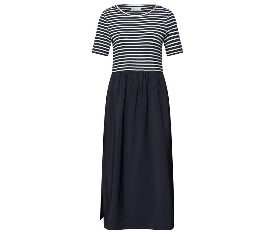 Sukienka Street One z granatowo-białą górą w paski i długą, ciemną spódnicą.