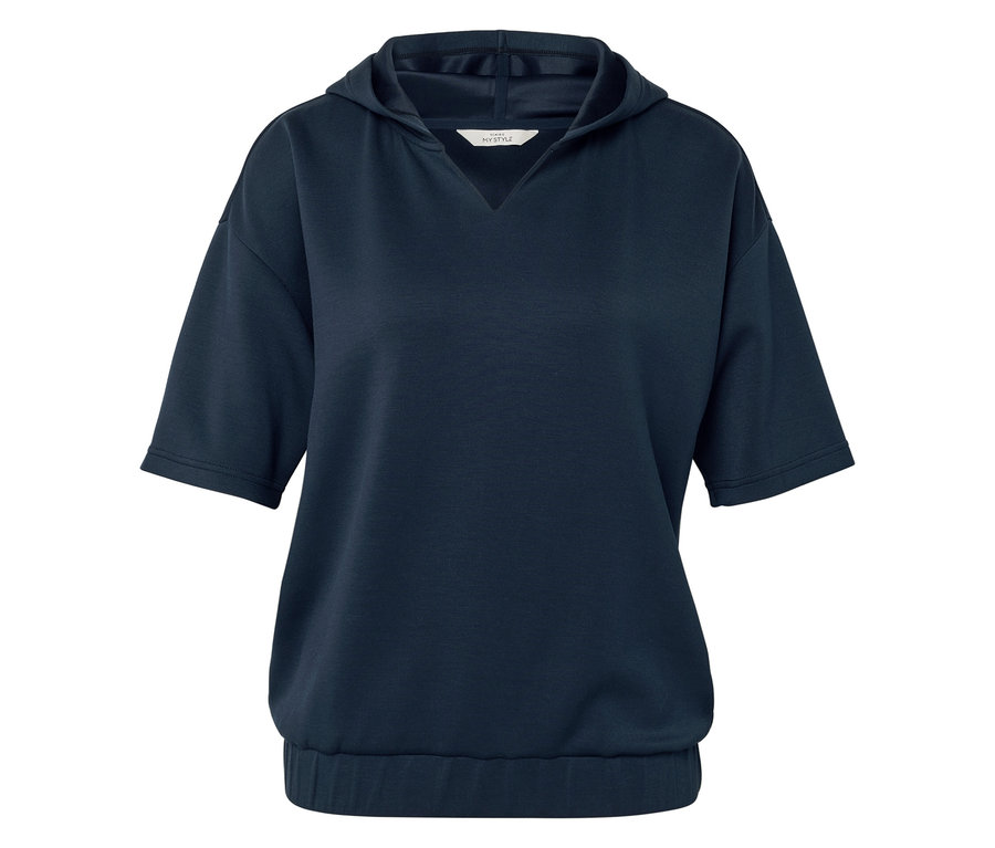 Granatowa bluza z kapturem, krótkimi rękawami i gumką na dole.