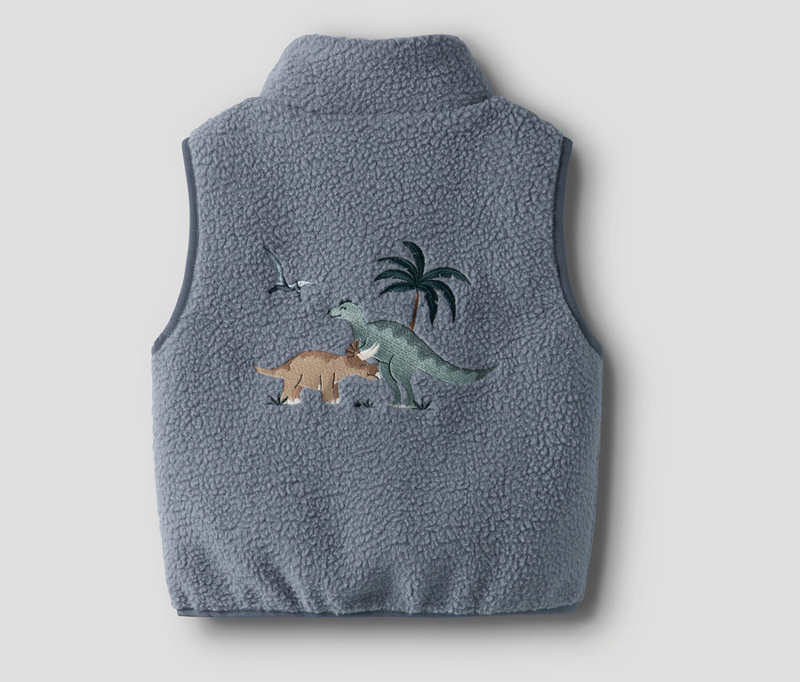 Szara kamizelka teddy NAME IT z haftem dinozaurów i palm.