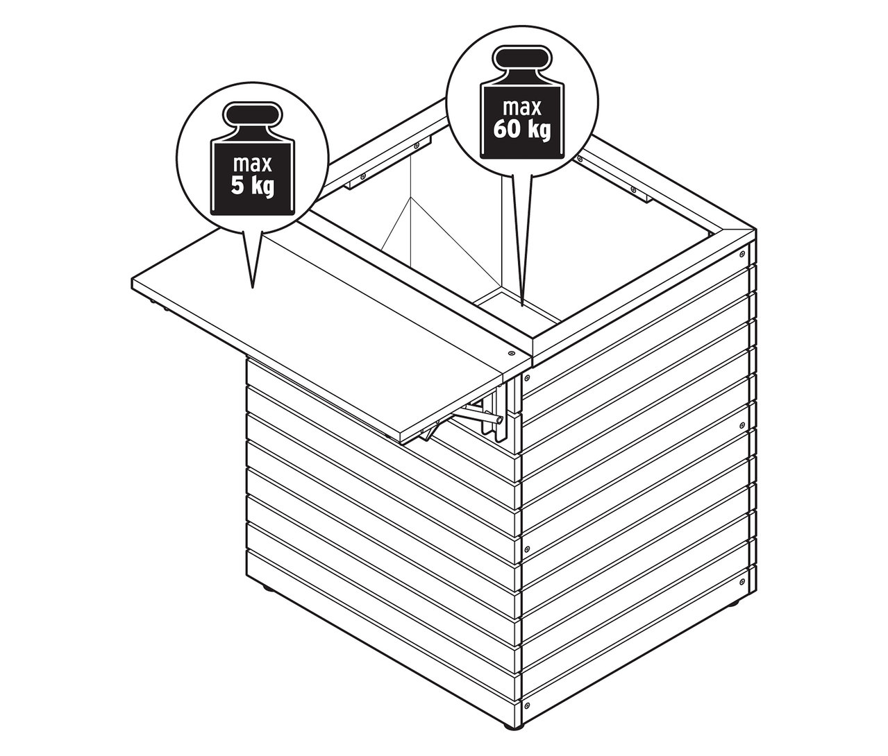 Na ilustracji skrzynka na kwiaty z rozkładanym stolikiem „Tinus”. Stół jest rozłożony. Obciążenie stołu wynosi maksymalnie 5 kg, a skrzynki 60 kg.