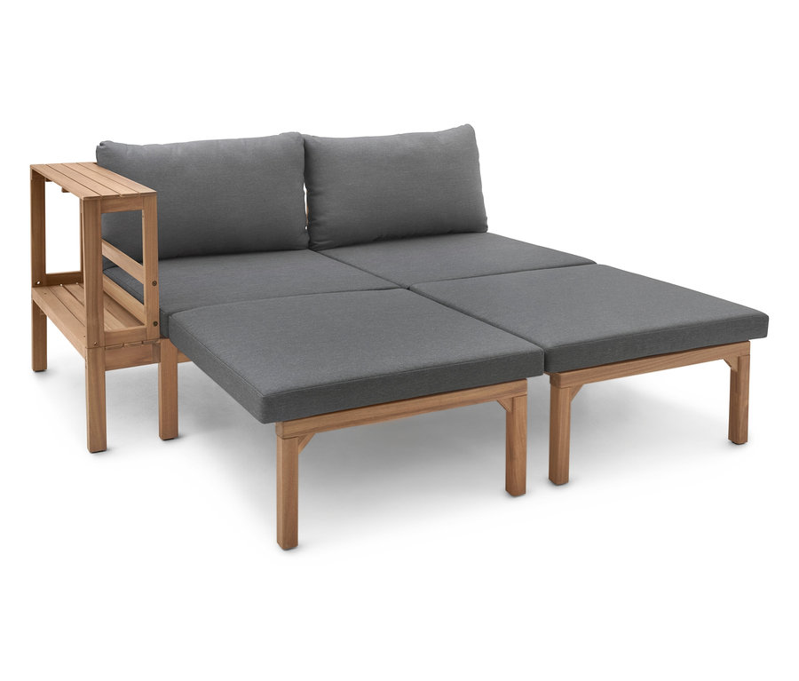 Szary modułowy zestaw wypoczynkowy z drewna z dwiema poduszkami.