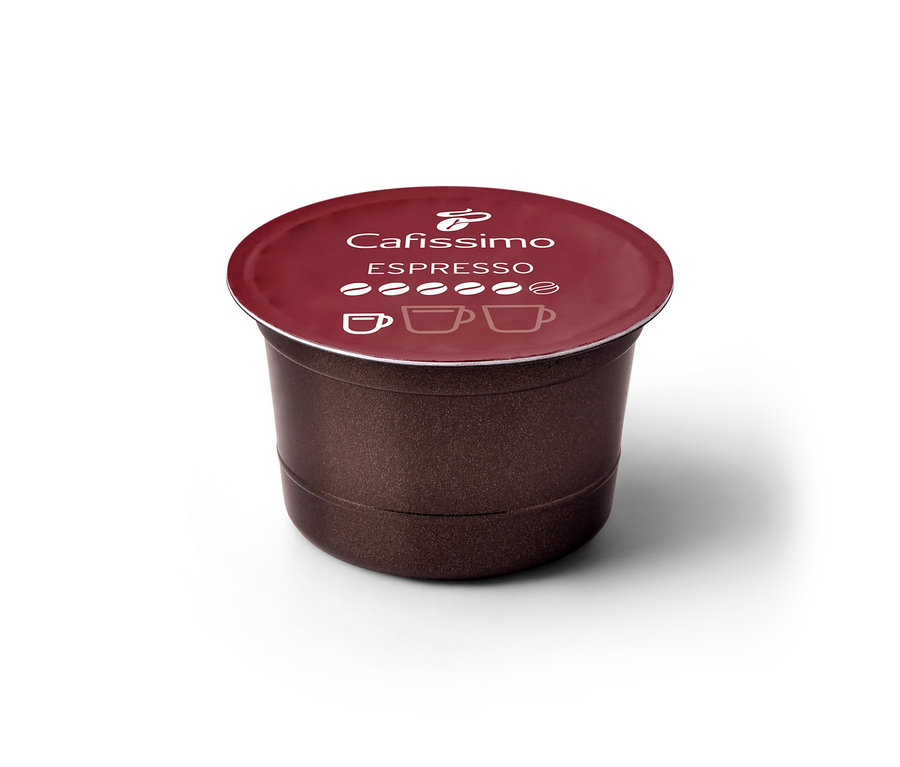 Ciemnobrązowa kapsułka Tchibo Cafissimo Espresso Intense Aroma z bordowym wieczkiem, na którym widnieje napis "Cafissimo ESPRESSO" i 5 ziaren kawy.