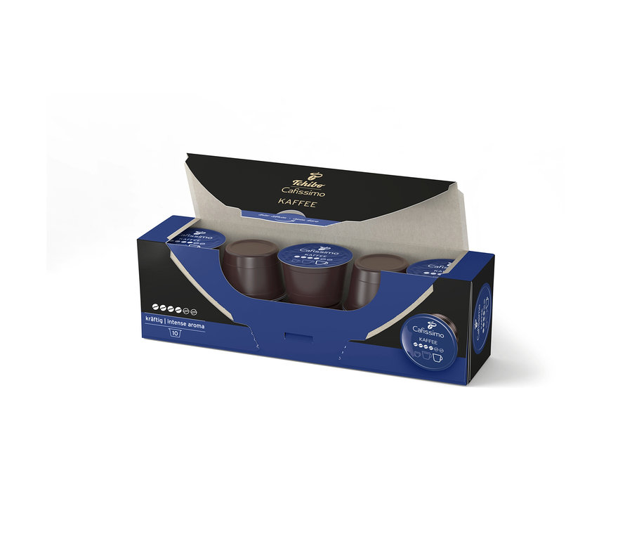 Otwarte opakowanie 10 kapsułek kawy Tchibo Cafissimo Intense Aroma w kolorach granatowym i czarnym.